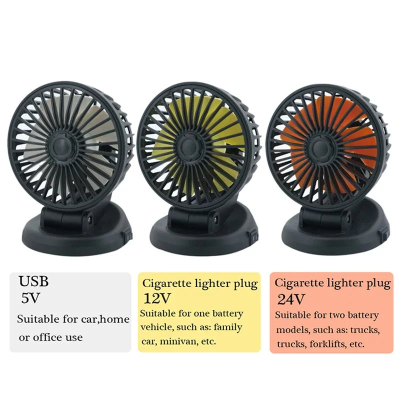 Wentylator samochodowy Carvallo 12V/24V/5V | USB lub zapalniczka | Obrotowy i kompaktowy | Do samochodu, ciężarówki, SUV, kampera i biura