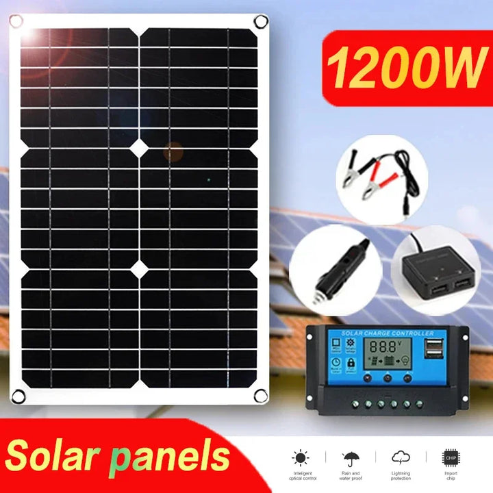 Carvallo Panel słoneczny 1200W | Elastyczny panel 12V do ładowania | 2x USB &amp; 100A regulator ładowania | Kemping na świeżym powietrzu