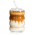 Ribbad szklanka z słomką – 2 szt Wzór falisty, 450ml | Elegancka szklanka do iced coffee, matcha i soków