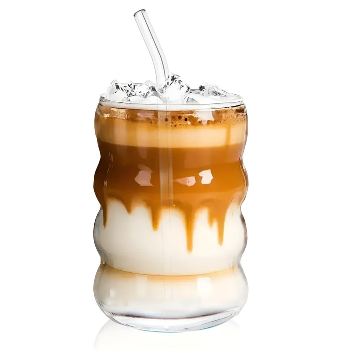 Ribbad szklanka z słomką – 2 szt Wzór falisty, 450ml | Elegancka szklanka do iced coffee, matcha i soków