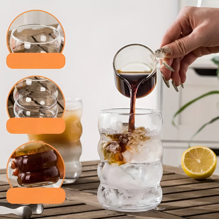 Ribbad szklanka z słomką – 2 szt Wzór falisty, 450ml | Elegancka szklanka do iced coffee, matcha i soków