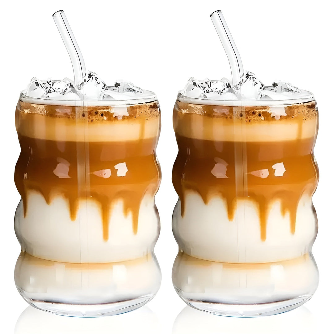 Ribbad szklanka z słomką – 2 szt Wzór falisty, 450ml | Elegancka szklanka do iced coffee, matcha i soków