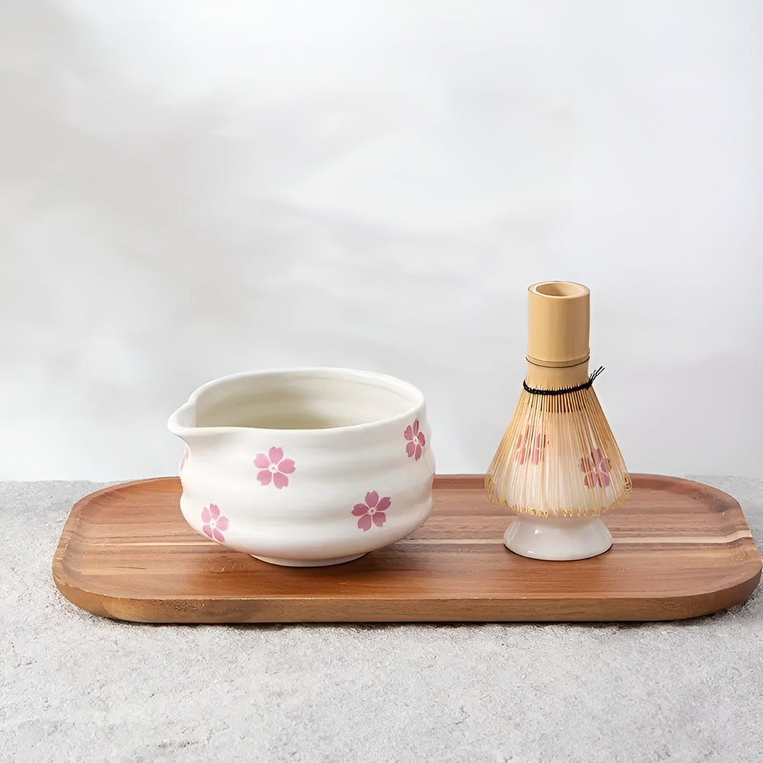 Zestaw Matcha z 5 częściami – Japońska herbata z filiżanką, bambusowym pędzlem i sitkiem.