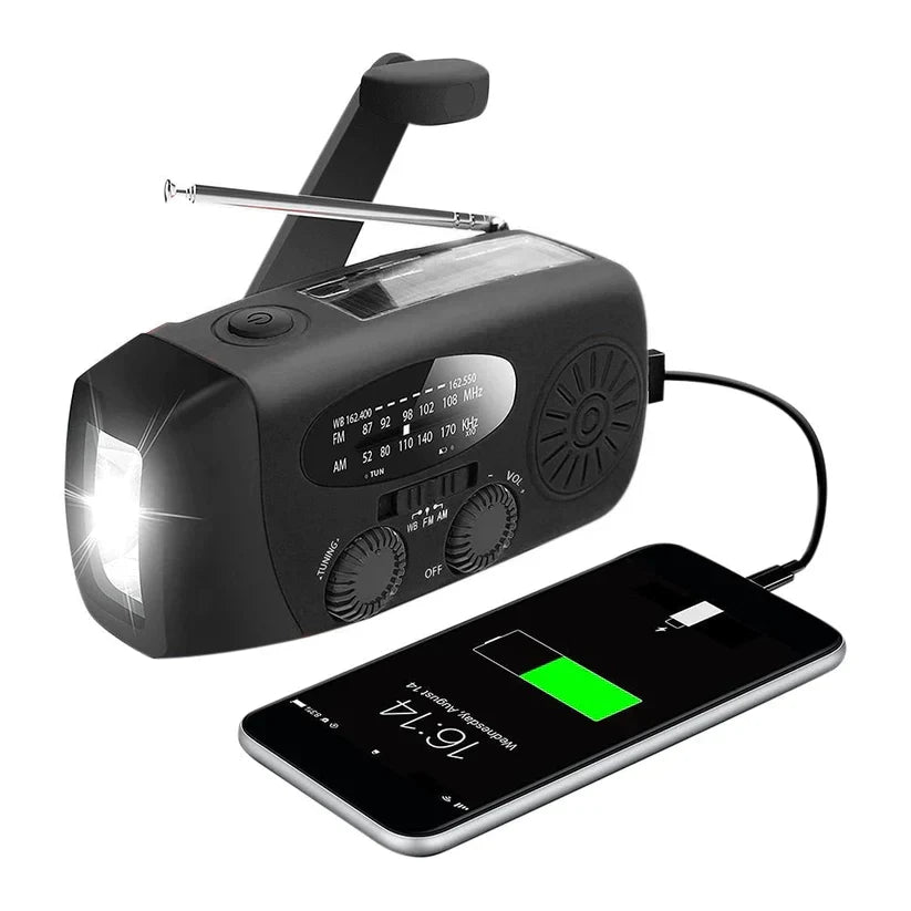 Radio awaryjne - 2000 mAh wbudowany powerbank, latarka i panele słoneczne