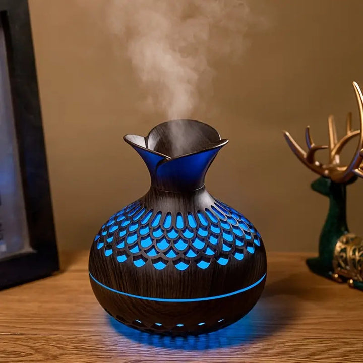 Aromaterapia - nawilżacz powietrza z LED – dyfuzor w drewnianym wyglądzie i nocna lampka