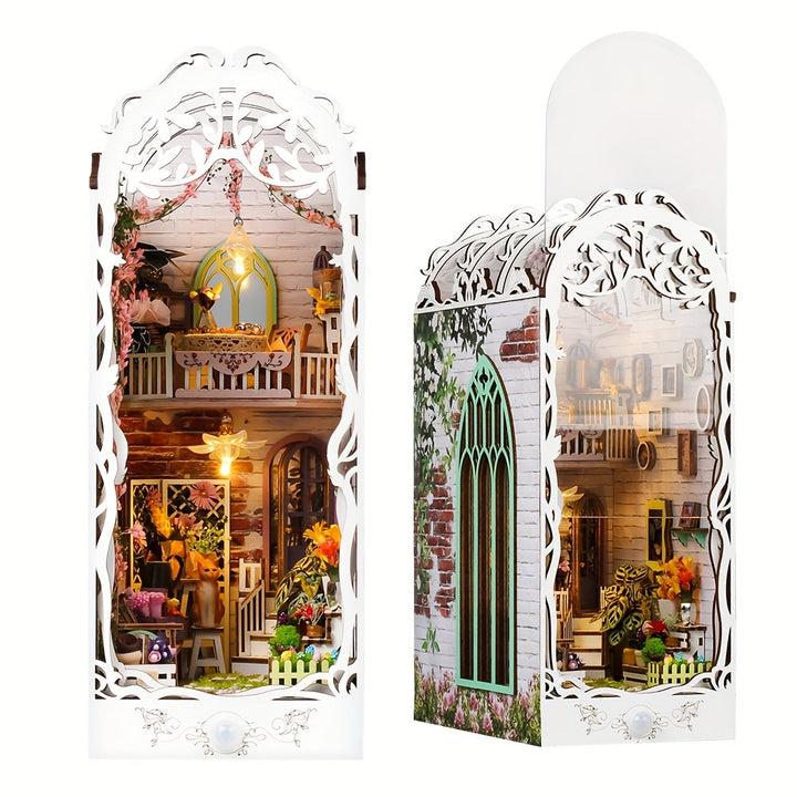 3D Drewniane Puzzle Dom – Biały Kwiatowy Dom z Oświetleniem i Pokrywą Przeciwkurzową