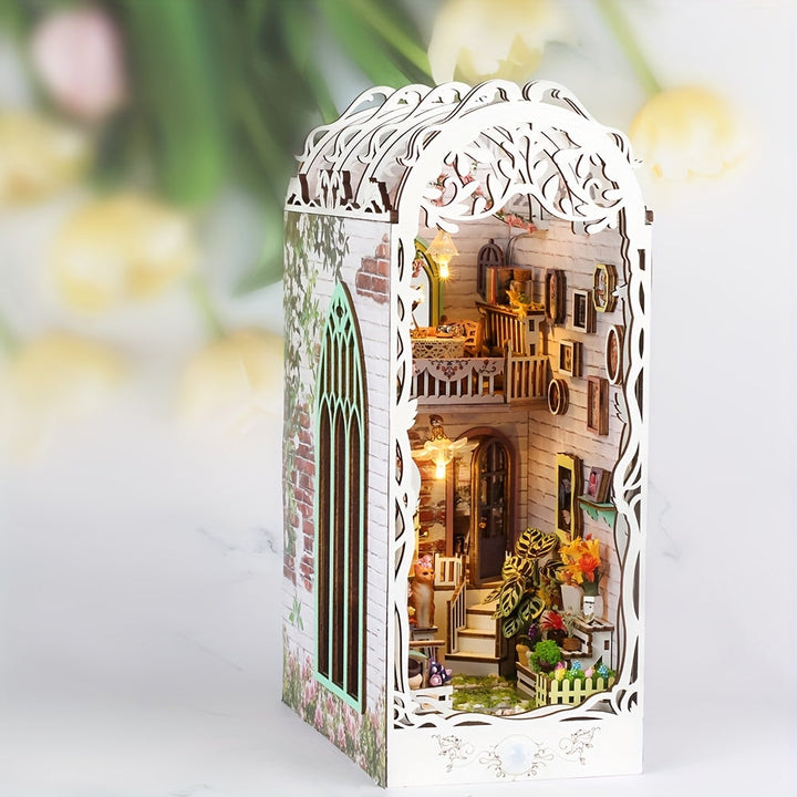 3D Drewniane Puzzle Dom – Biały Kwiatowy Dom z Oświetleniem i Pokrywą Przeciwkurzową