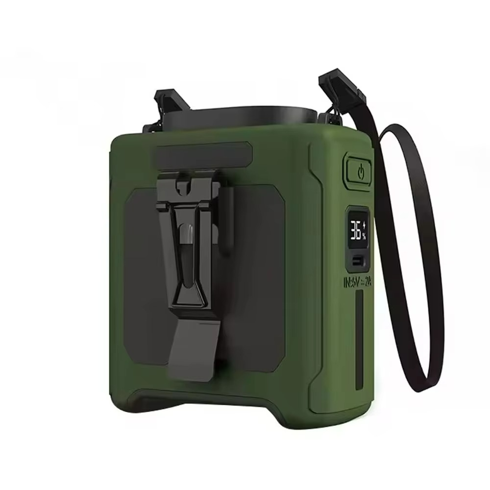 Przenośny wentylator na biodra – Bezprzewodowe chłodzenie z wbudowanym powerbankiem i latarką LED