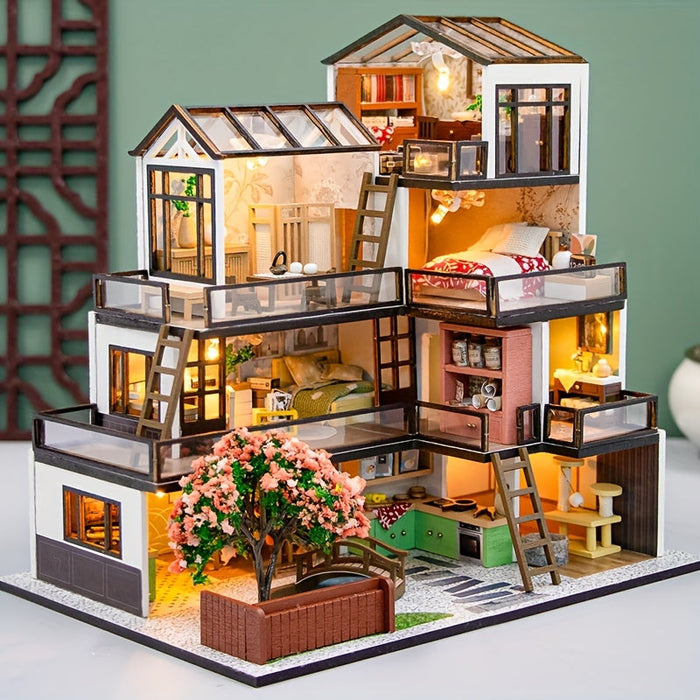Miniaturowa Willa 3D Puzzle Kit – Ręcznie Wykonana Model z Oświetleniem LED i Szczegółowym Wnętrzem