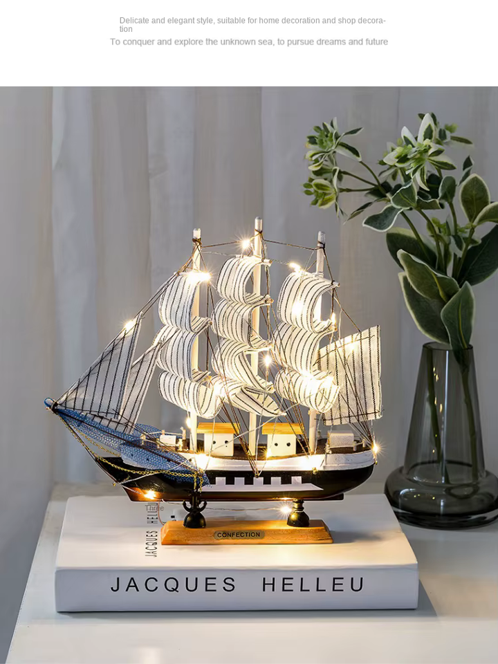 Royaleva Nordic Wooden Sailboat Sculpture - LED Oświetlony Element Dekoracyjny, Zasilany Baterią