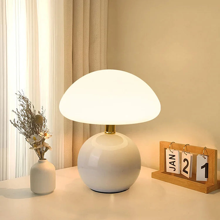 Lampa stołowa kremowa ceramiczna LED w kształcie grzyba