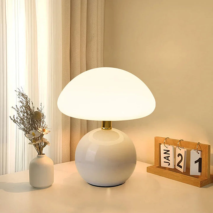 Lampa stołowa kremowa ceramiczna LED w kształcie grzyba