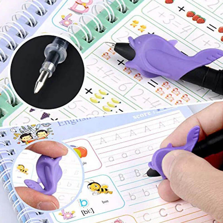 Zestaw 4 Książek Ćwiczeniowych dla Dzieci - Ćwiczenia Kaligraficzne z 3D, Wielokrotne Naklejki i Trening Matematyczny
