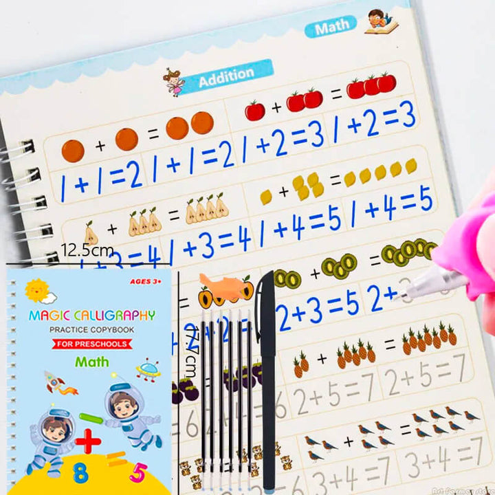 Zestaw 4 Książek Ćwiczeniowych dla Dzieci - Ćwiczenia Kaligraficzne z 3D, Wielokrotne Naklejki i Trening Matematyczny