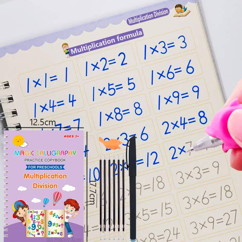 Zestaw 4 Książek Ćwiczeniowych dla Dzieci - Ćwiczenia Kaligraficzne z 3D, Wielokrotne Naklejki i Trening Matematyczny