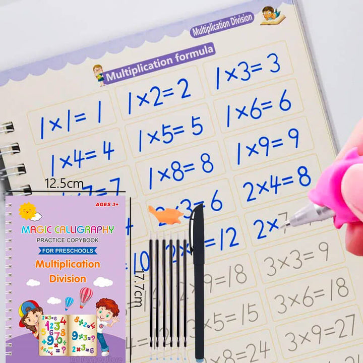 Zestaw 4 Książek Ćwiczeniowych dla Dzieci - Ćwiczenia Kaligraficzne z 3D, Wielokrotne Naklejki i Trening Matematyczny