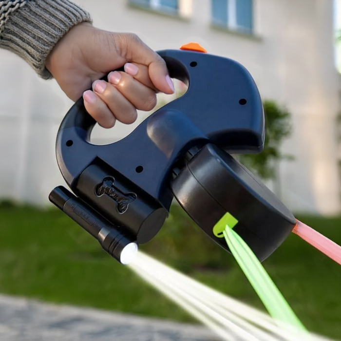 Podwójna smycz dla psa z latarką i uchwytem na odpady