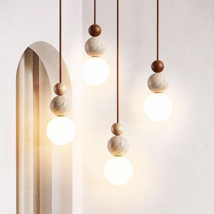 Lampa Wisząca Rustykalna Kamień i Drewno