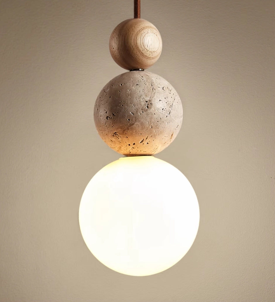 Lampa Wisząca Rustykalna Kamień i Drewno