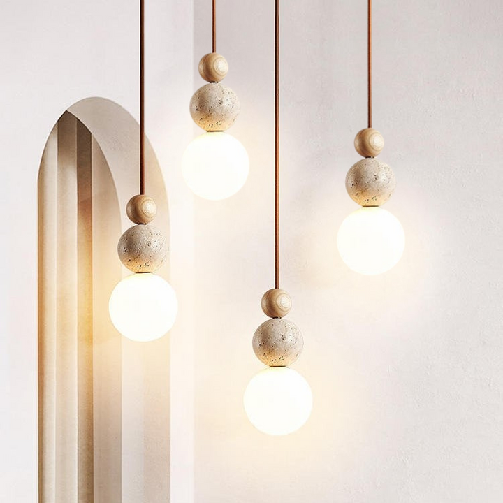 Lampa Wisząca Rustykalna Kamień i Drewno