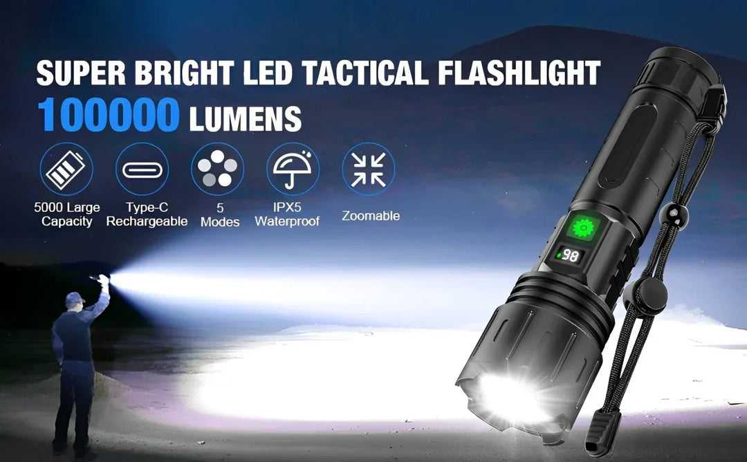 LuxRoyale 100 000 Lumen Taktczna Latarka – Ładowalna Lampa LED z Power Bankiem, Wyświetlaczem LCD i zasięgiem 3280 stóp