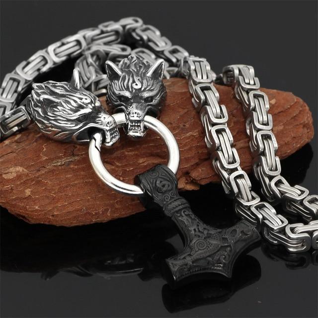 Podwójna głowa wilka ze stali nierdzewnej i naszyjnik/bransoletka Mjolnir Survival Spirit