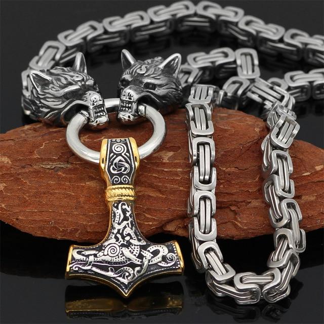 Podwójna głowa wilka ze stali nierdzewnej i naszyjnik/bransoletka Mjolnir Survival Spirit