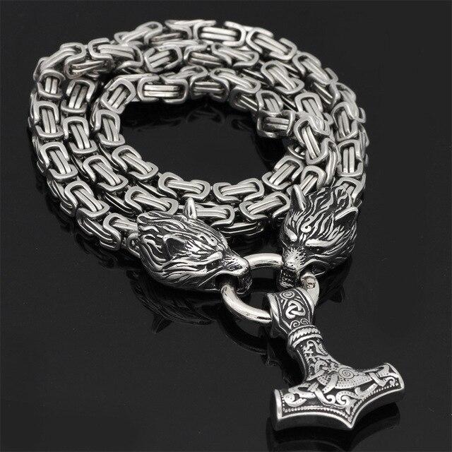 Podwójna głowa wilka ze stali nierdzewnej i naszyjnik/bransoletka Mjolnir Survival Spirit