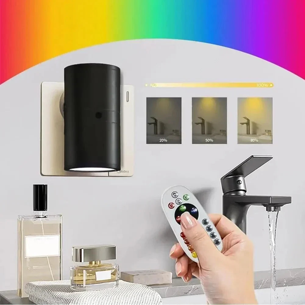 LED Lampa Nocna Ścienna z Designem Plug-In – Aktywacja Czujnikiem - Pilot Zdalnego Sterowania - 16 Opcji Kolorów - Idealna do Wnętrz Sypialni
